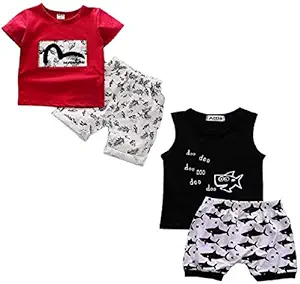 Attis Boys and Girls Cotton Stylish Tshirt & Pant Kids Clothing Set (2-3 Years) Pack of 2 Sets - T2(RDWH)-T7(BLWH)