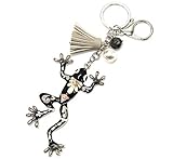 PT1693E - Llavero/adorno para bolso - Rana de metal pintada de negro con perlitas y pompón...