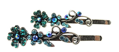 Pair of Ladies Vintage Flower Crystal Diamante Hair Grips Turquoise