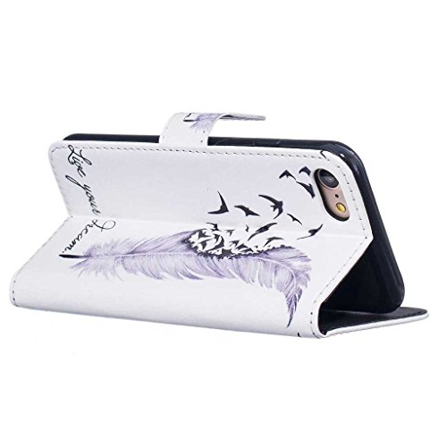 iGrelemÂ® iPhone 7 Case [with Free Tempered Glass Screen Protector], PU Leather Flip Protective Cover Case for Apple iPhone 7 4.7 Inch, Flowers, Butterfly, Deer, Bear Feather Colorful Pattern Design Wallet Case for iPhone7 (Feather, White)