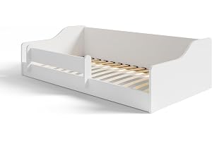 KOBI Montessori golvsäng 160 x 80 Eryk vit, ingen madrass, säker säng med skyddsgrind, elegant och bekväm för ditt barns rum.