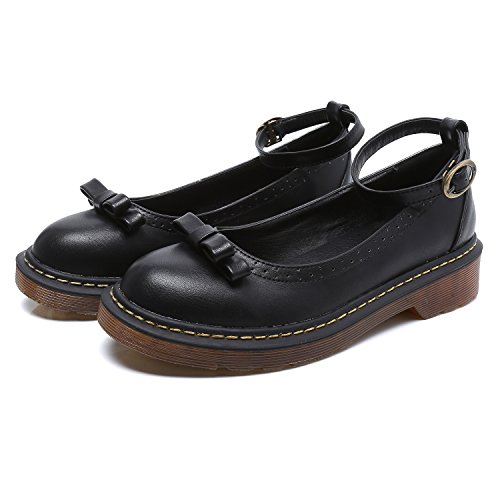 Smilun Damen Ballerina Rund Toe Knöchelriemchen Schleife - 7