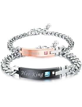 bigshopDE Edelstahl Partner Freundschaft Armbänder Her King His Queen Zirkon Stein Panzerarmband Armkette Paar...