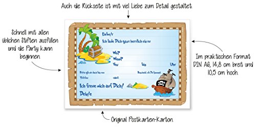 12 Einladungskarten zum Kindergeburtstag „Piratenparty“ Geburtstagseinladungen Jungen Mädchen Kinder Einladungen Schatzkarte Schatzinsel Schatzsuche Piratenschiff Pirat Geburtstag Abenteuer Karten Set - 4