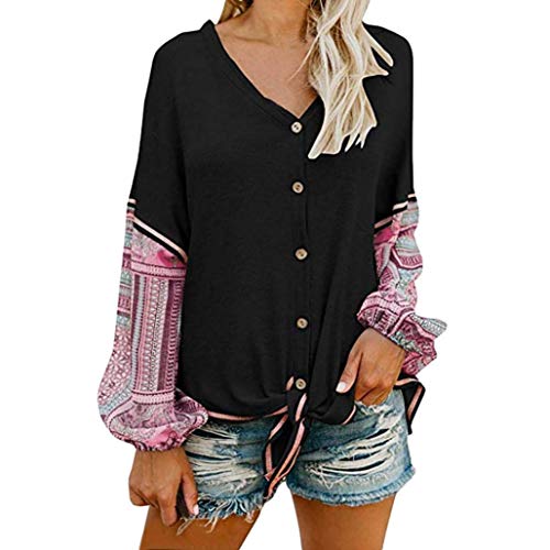 Fuxitoggo Women Shirts Tops Sweatshirt Pullover Hoodie Loose Oversized Tunic Sweater Girls Elegant Shawl Blouse Sweater, Tie Knot Front Button up Patchwork Cardigan (Color : Black, Size : XL)