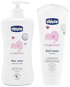 Chicco Baby Moments Body Lotion to Moisturize Baby?s Soft Skin, Deep Nourishment, Non-Sticky Formula, Dermatologically Tested, Paraben and Mineral Oil Free (500 ml) & Chicco Rich Cream 50ml
