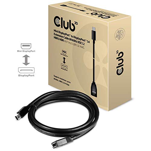 Club 3D Câble d'extension Mini DisplayPort vers DisplayPortTM 1.4 8K60Hz DSC1.2 HBR3 HDR St./B. 1 mètre 32 AWG.
