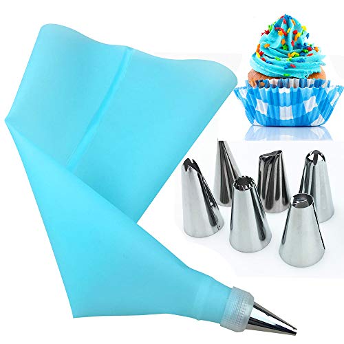 AukCherie Douilles Pâtisserie, 8 Pièces en Acier Inoxydable DIY Kits, 6 Douilles, 1 Poche Pâtisserie, 1 Coupleurs, DIY Kits pour Décoration de Gâteaux (Blue -1)