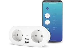 Garza Inteligentne podwójne gniazdko WiFi z 2 gniazdami i 2 portami USB, programowalne, 2,4 GHz, z miernikiem zużycia, pilotem zdalnego sterowania z aplikacją i sterowaniem głosowym Alexa/Google, białe