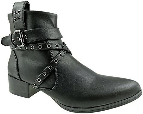 LADIES FASHION FAUX LEATHER ANKLE BOOTS BUCKLE STUD DETAIL BLACK SIZE UK 3-8 (9)
