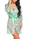 Avidlove Damen Kleid Gown Kurz Dessous Kimono Spitze Weiter Ärmel Transparente Robe Mesh mit Gürtel und G-String Bikini Cover Up Spitze Sommer Bat Weiter Ärmel