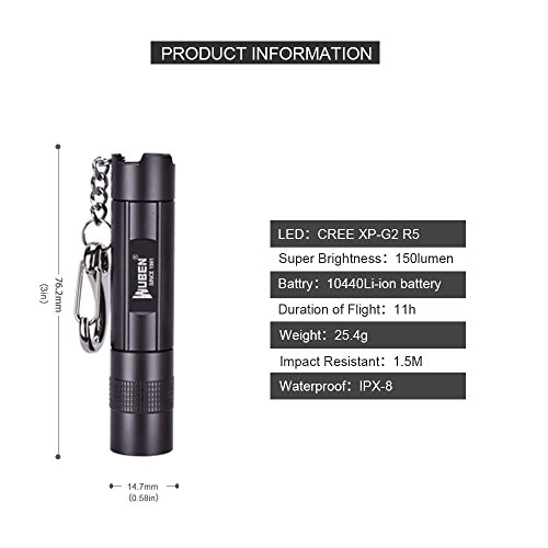 WUBEN Beste kleine Taschenlampe Höchste 150 Lumens Wirkliche Daten Leistungsfähige XPG2 LED-Schlüsselkette Fackel-Licht umfassen 10440 nachladbare Li-Ionbatterie USB-Aufladeeinheit wasserdichtes IPX8 E502 (Schwarz) - 2