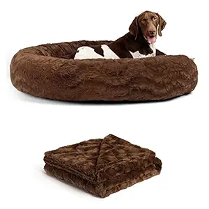 Best Friends by Sheri Bundle Set The Original Calming Lux Donut Cuddler Cat and Dog Bed + Pet Throw Blanket Dark Chocolate Extra Large 45