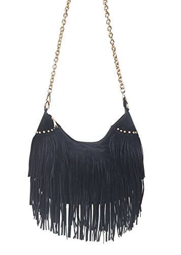 Hoxis Studded Rivet Tassel Faux Suede Leather Hobo Cross Body Shoulder Bag Womens Skatchel (Black)