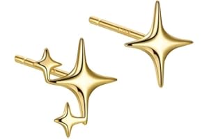 FDEETY Pendientes Estrella Brillante Cuatro Puntas Joyas Elegantes Acero Inoxidable Aretes Pequeños Chapados Oro Mujer Niña