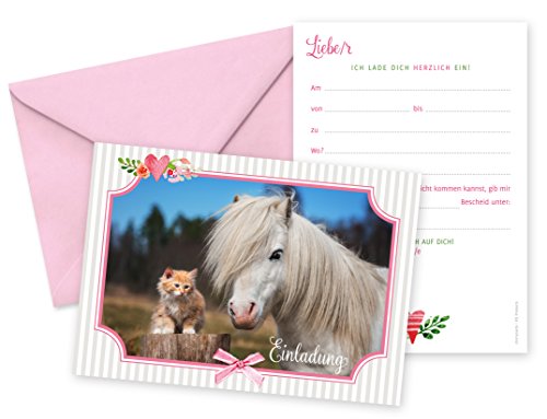 8er oder 15er Set (inkl. Umschläge): Einladungskarten „Pferd & Katze“ für den Kindergeburtstag oder anderen Anlass – hochwertige Geburtstagseinladungen für Mädchen, Kinder, Pferde-Fans - 4