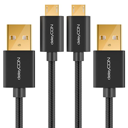 deleyCON Micro USB Kabel Set 2x 1m Nylon + Metallstecker / Ladekabel Datenkabel Schnellladekabel / Smartphone / Tablet / Laptop / Notebook - Schwarz