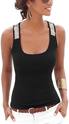 Lanisen Womens Plus Size Sequin Sleeveless Sport Vest Tops Black 2XL