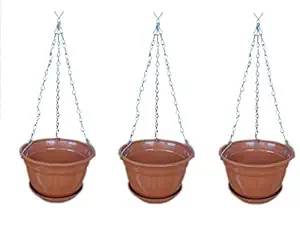 Hanging Planter with Metal Chain and Base Plate, 3 Pieces (Brown) TTT