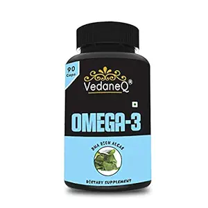 VedaneQ Premium Vegan Omega-3 Supplement. Fish Oil Alternative! Plant Based DHA & EPA Algae Omega 3 Supplement for Joint, Heart, Skin, Brain, Eye, And Immune Health. 90 Capsules