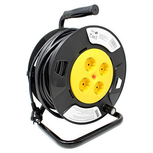 HALOTEC Tambor carrete alargador de cable Enrollacables 4 tomas 25m con protección termica (H05VV-F.3G doble aislamiento PVC)