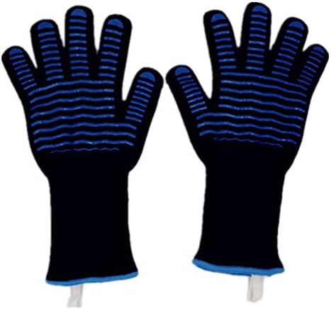 BBQ Grill Gloves, Flexible Fingers Kitchen Gloves 932°F Extreme Heat Resistant Gloves Insulated Silicone Oven Mitts with Forearm Protection for Cooking, Baking, Fireplace, Campsite, etc(Blue Stripes)