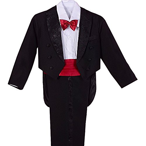 Dressy Daisy Baby Boys' 5 Pcs Set Formal Tuxedo Suit With Tail Baptism Christening Outfit Pageboy Suits Size 6-9 Months Black Red