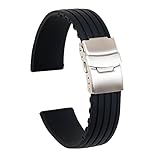 ULLCHRO Unisex Kautschuk Armband mit Edelstahl Silber Faltschließe 20mm Schwarz 0220hei