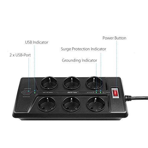BESTEK 6 Fach schaltbare Steckdosenleiste mit USB(Smart IC), Steckerleiste Wandmontage hat 1500J Überspannungsschutz, 90 Grad gedreht, großer Buchsenabstand, Schwarz - 3