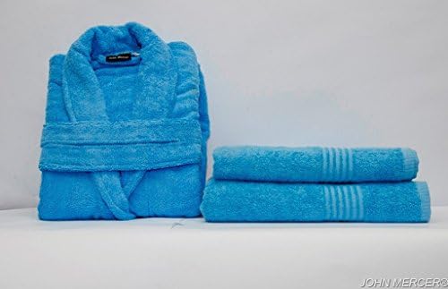 JOHN MERCER, High Quality x1 Bathrobe, x3 Piece Towel &amp; Bath Mat Set [x1 Hand Towel, x1 Bath Towel &amp; x1 Bath Mat], Ice Blue (Medium)
