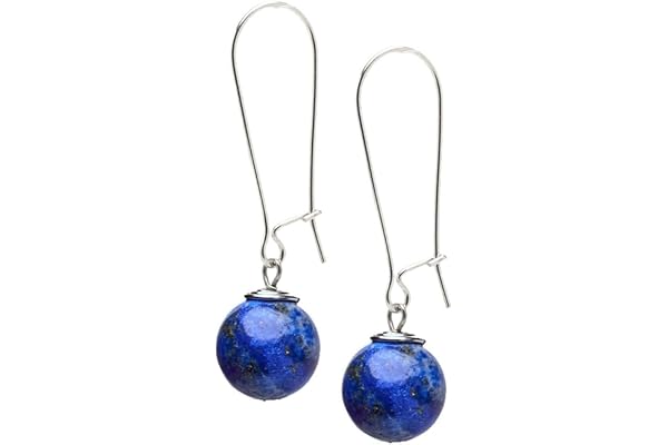 Boucles d'Oreilles en Perles de Pierres Précieuses pour Femmes, Faites Main avec Perles Naturelles de 12mm, sur Crochets Longs en Argent (Lapis-lazuli bleu)