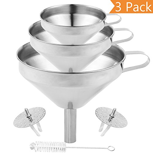 Edelstahl-Trichter, PEMOTech 3 Perfekte Größen von Großen bis zu Kleinen Trichtern, ausgerüstet mit Griff und zwei Stück Abnehmbares Sieb/Filter fürs Kochen, Essentielle Öle, Flaschenfüllung, Übertragen von Liquidem, Flüssigkeit, trockene Zutaten & Pulver, Weinherstellung, Silber.