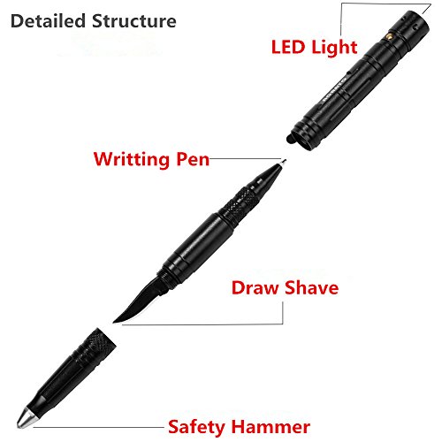 ACRATO Aluminium Tactical Pen Kubotan Kugelschreiber mit Glasbrecher und LED Lampe zur Selbstverteidigung Campingwerkzeug Militärwerkzeug Multifunktional Schwarz - 5