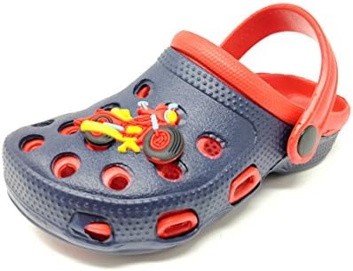 Childrens/Kids/Boys/Girls/Infant Holiday/Summer/Garden/Pool Clogs/Mules/Sandals/Shoes/Butterfly or Motorbike Charm/Good Size (4 Child UK, Navy/Red/Motorbike)