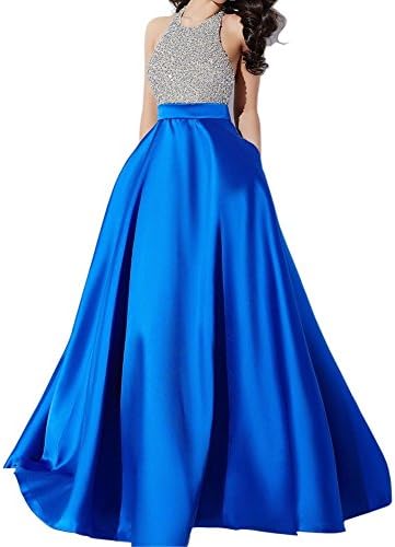 Baijinbai Sequined Prom Dresses 2018 Women Formal Evening Party Gown Pageant Dress A Line Halter Seuins Lace Top Satin Floor Length Open Back S8RoyalBlue-UK12