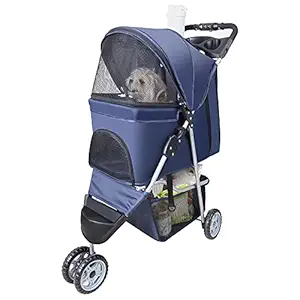 Pet Strollers for Small Medium Dogs & Cats, 3-Wheel Dog Stroller Folding Flexible Easy to Carry for Jogger Jogging Walking Travel with Sun Shade Cup Holder Mesh Window (Dark Blue)