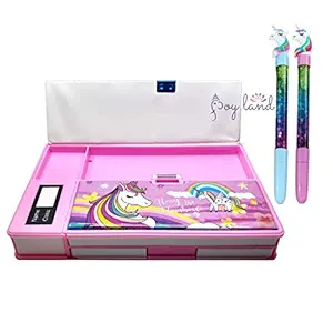 JOY LAND Plastic Double Sided Jumbo Magnet Pencil Geometry Box and 2 Pieces Glitter Pen Combo for Girls (Random Design, Pink)