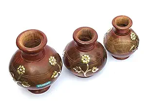 WOODINO Wooden Handcrafted Matka Shaped Flower Vase-Set of 3 (Brown) Wooden Vase (7 inch, Brown)