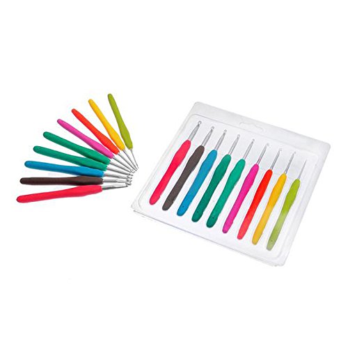 LemonBest® 9 Stück Aluminium Häkelnadeln Nadelset mit bunten Gummigriff, 2mm, 2.5mm, 3mm, 3.5mm, 4mm, 4.5mm, 5, 5.5, 6mm - 5