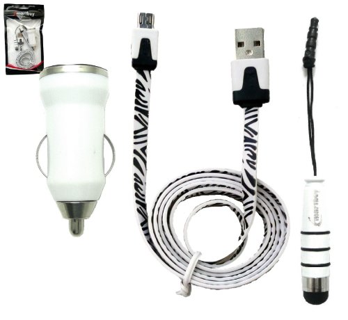Emartbuy® Logicom S7852 7.85 Zoll Tablet Zebra Range Trio Pack - Weiß 1 Ampere USB Autoladegerät + Silber Metallic Mini Stylus + Zebra Weiß / Schwarz Flaches Knotenfreies Micro USB Daten und Ladekabel