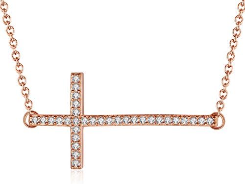 Sterling Silver Sideways Cross with Cubic Zirconia Rose-Gold-Tone Necklace for Women and Girls - sy085n7