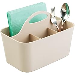 mDesign porte-ustensiles de cuisine à 4 compartiments - rangement de cuisine pour couverts, serviettes, ustensiles de cuisine, etc. - panier de rangement avec poignée - taupe