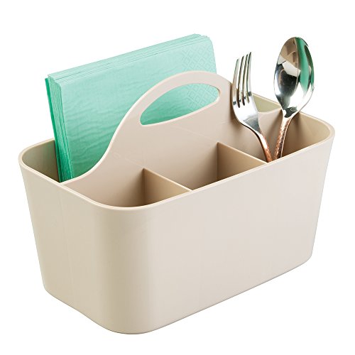 mDesign porte-ustensiles de cuisine à 4 compartiments - rangement de cuisine pour couverts, serviettes, ustensiles de cuisine, etc. - panier de rangement avec poignée - taupe