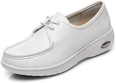 Spring and Autumn Leather Round Head Cushion Non-Slip Breathable Casual Shoes Nurses Work Shoes, 3 UK, White