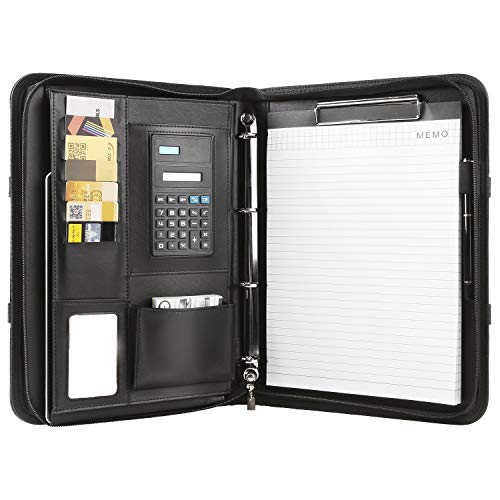 Fuluning Carpeta de conferencias A4 con cierre magnético, bolsillo grande de 2 capas, funda de piel sintética para negocios, portafolios con carpeta de anillas (carpeta de conferencias negra)