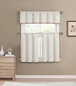 HOME MAISON - Koti Solid Kitchen Window Curtain Tier & Valance Set, 2 29 x 36 1 58 x 15, Linen & Wheat
