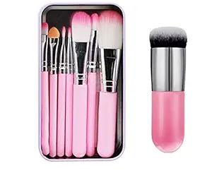 Womens & Girls SMWF 7 Pink Makeup Brushes Set for Makeup with Storage Box and 1 Pink Mini Foundation Brush - (Pack of 8)
