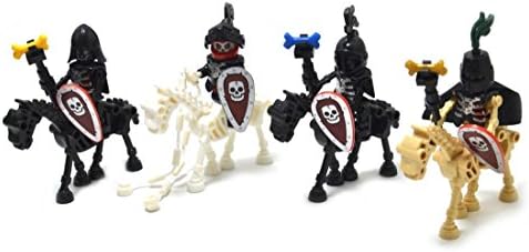 Mini Figures Skeleton army and Horses 4 Piece Skeleton soldiers and horses with Armor and weapons Army of darkness Knights Castle Accessories Building Bricks Soldier Building Blocks Lego Compatible Minifigures