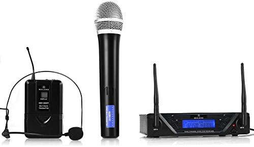 Malone UHF 450 Duo Wireless Microphone System 2-Channel Mic UHF Practical Long Battery Life Time Pocket Radio Transmitter with Belt Clip and LCD Display (2 Headset Mic, XLR and Jack Outputs) Black