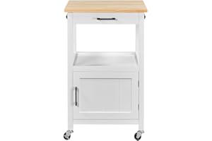 ‎YAHEETECH Yaheetech Küchenwagen auf Rollen, Servierwagen mit Schrank und Ablage, Arbeitsplatte aus Holz, Rollwagen 55x45x89cm, Küchentrolley im Landhausstil, Weiß